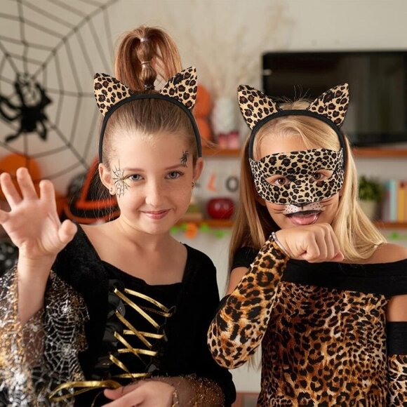 Cat Ears Headband & Masquerade Mask Set Plush Leopard Print Costume Accessory main image 6